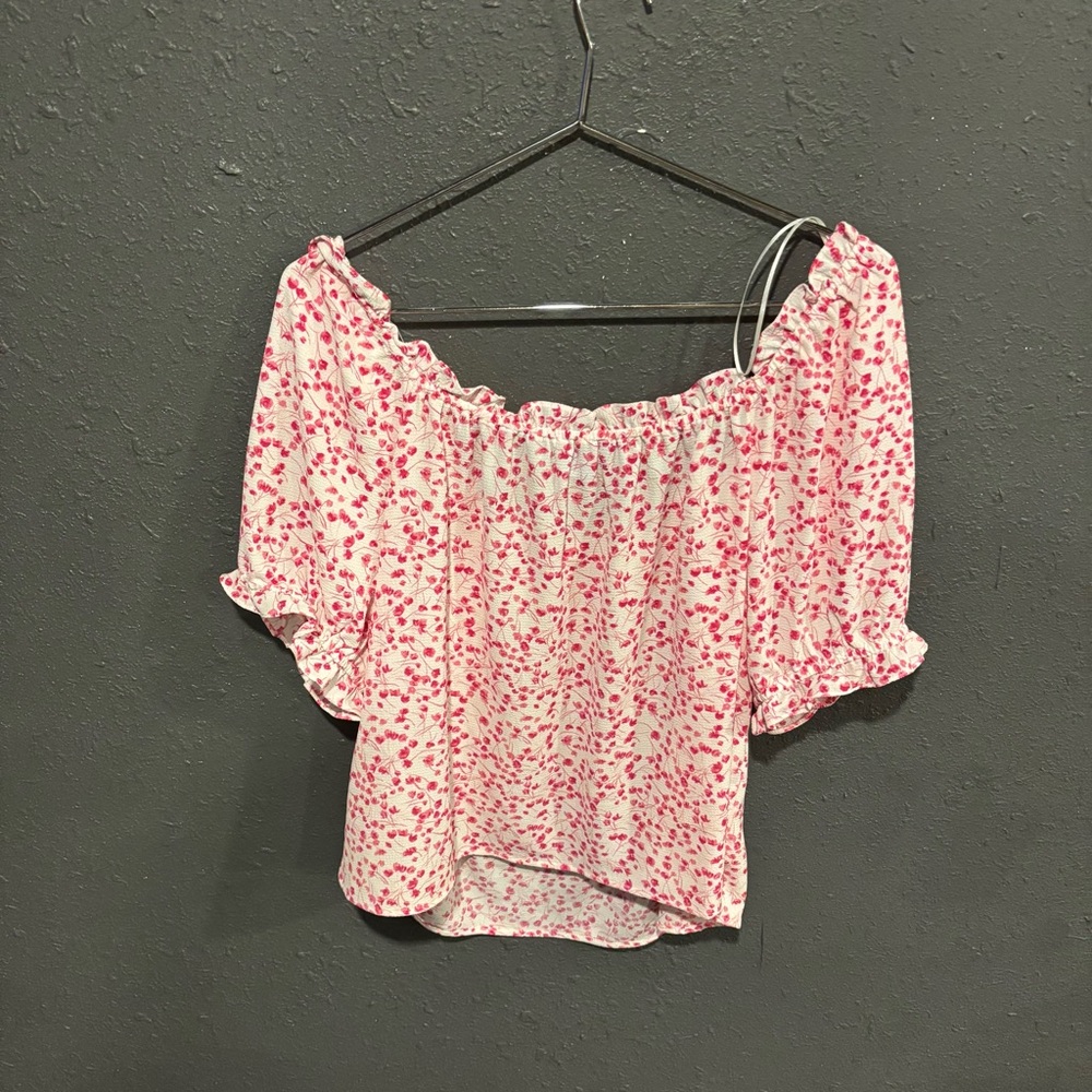 CeCe Pink and White Floral Ruffled Peasant Blouse - Picture 2 of 5